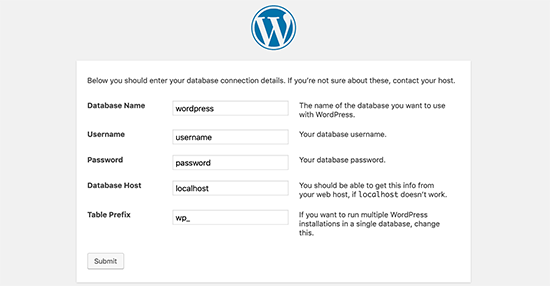 Wordpress installer step 2